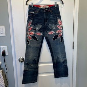 Vintage Cutout Red and Pink Floral Denim Jeans